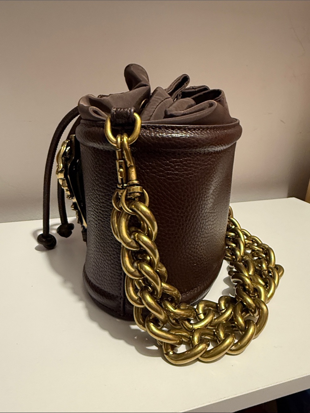 Versace Jeans Couture Brown Leather Mini Bucket Bag with Gold Hardware - Picture 6 of 6